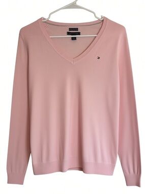 Tommy Hilfiger Pima Cotton Blend V-Neck Sweater Pink Medium Logo Lightweight
